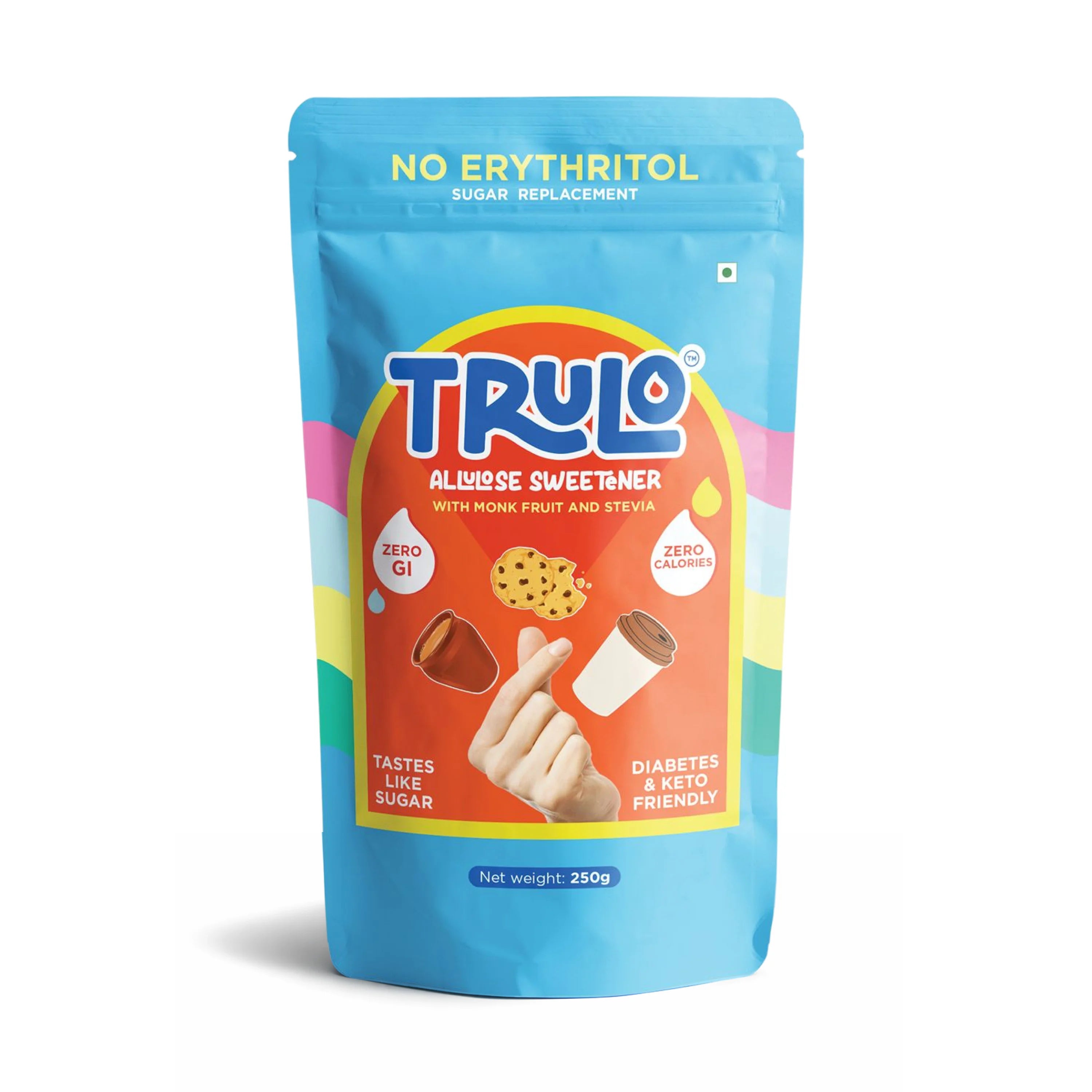 Trulo ‘No Erythritol’ Allulose Sweetener with Monk Fruit and Stevia – Low GI Sugar Alternative - 250g - pack of 2