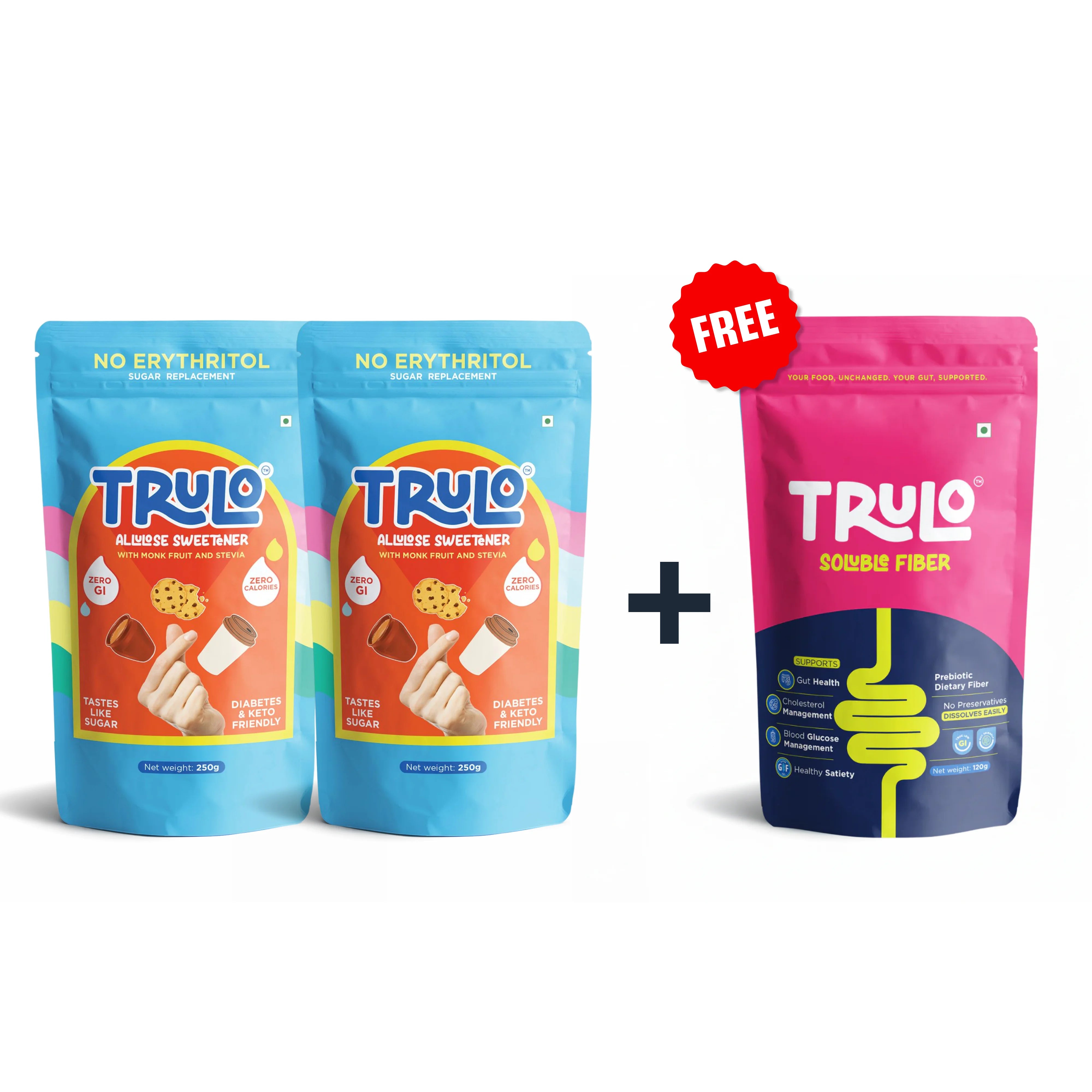 Trulo ‘No Erythritol’ Allulose Sweetener with Monk Fruit and Stevia – Low GI Sugar Alternative - 250g - pack of 2