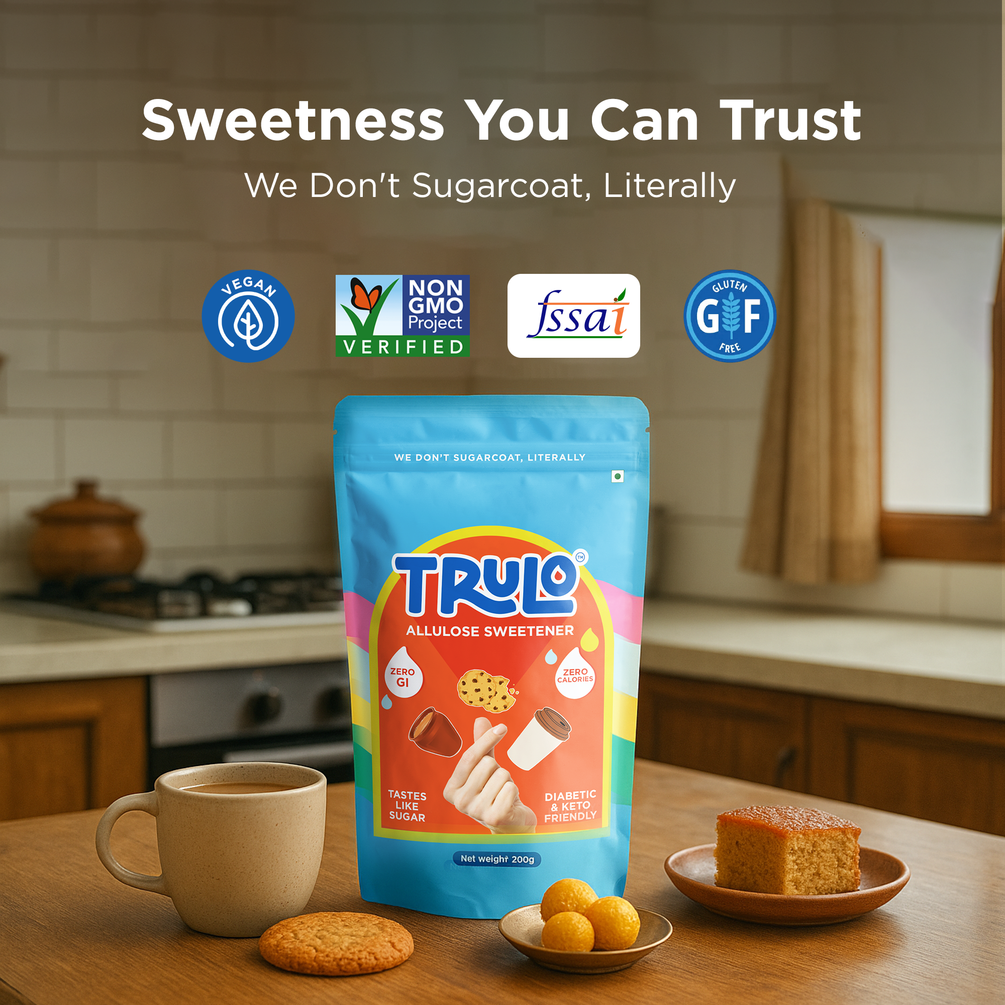 Trulo Allulose Sweetener | Natural Zero GI Sugar Alternative | No Erythritol | Zero Calorie, Keto & Diabetic Friendly | Ideal for Beverages, Baking, Desserts & Daily Use 250g