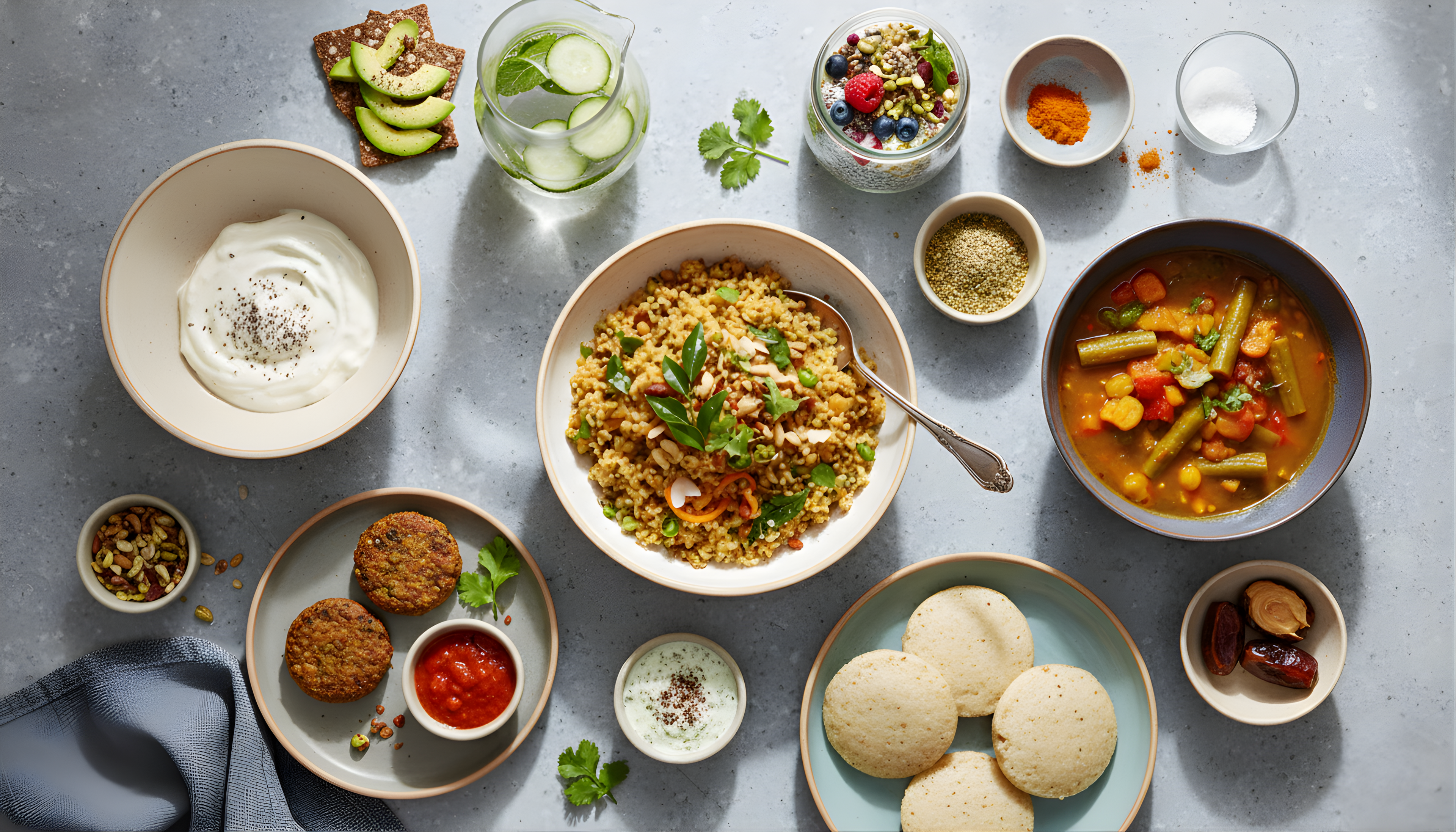 Assorted dishes including soup, salad, and bread on a gray surface