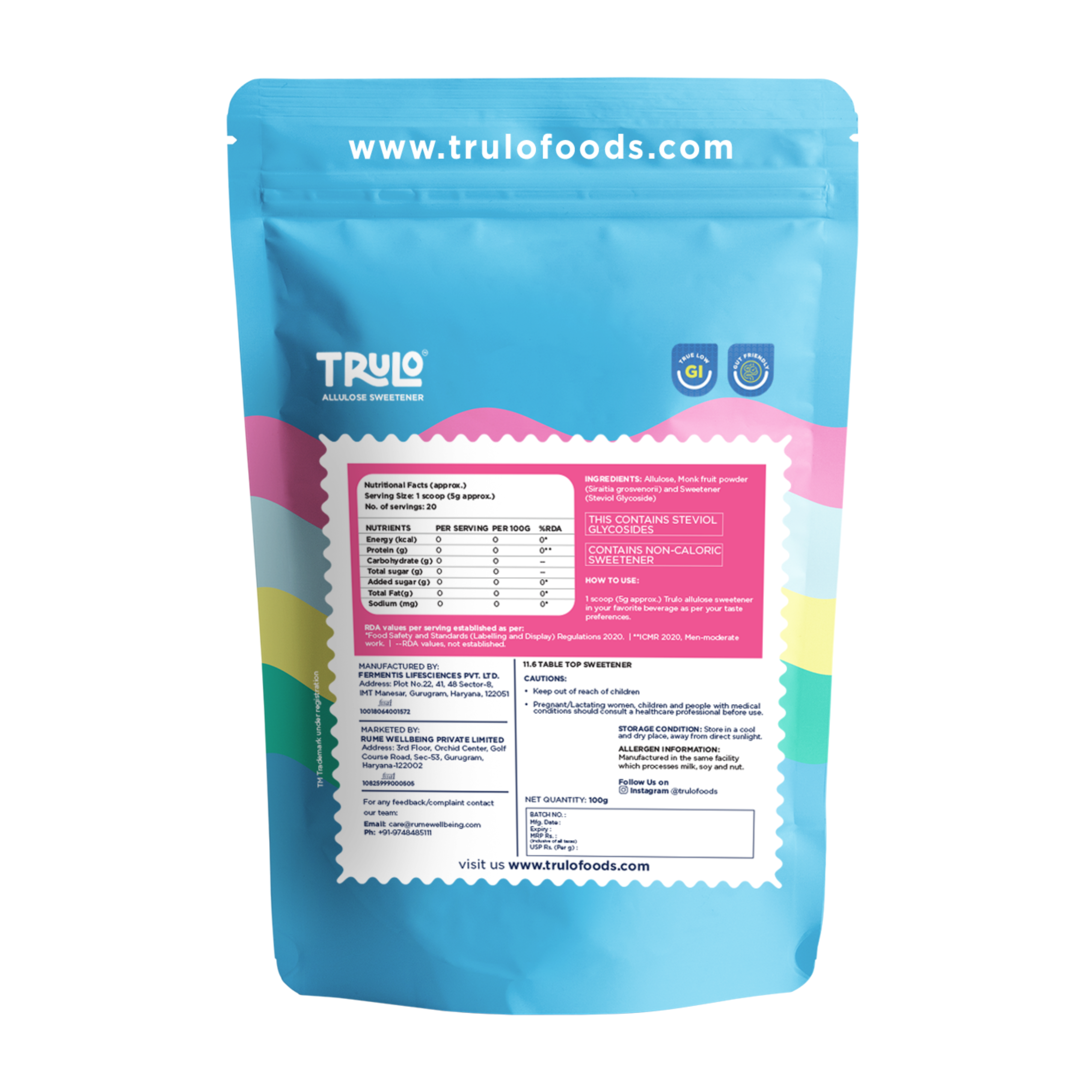 Trulo ‘No Erythritol’ Allulose Sweetener with Monk Fruit and Stevia – Low GI Sugar Alternative
