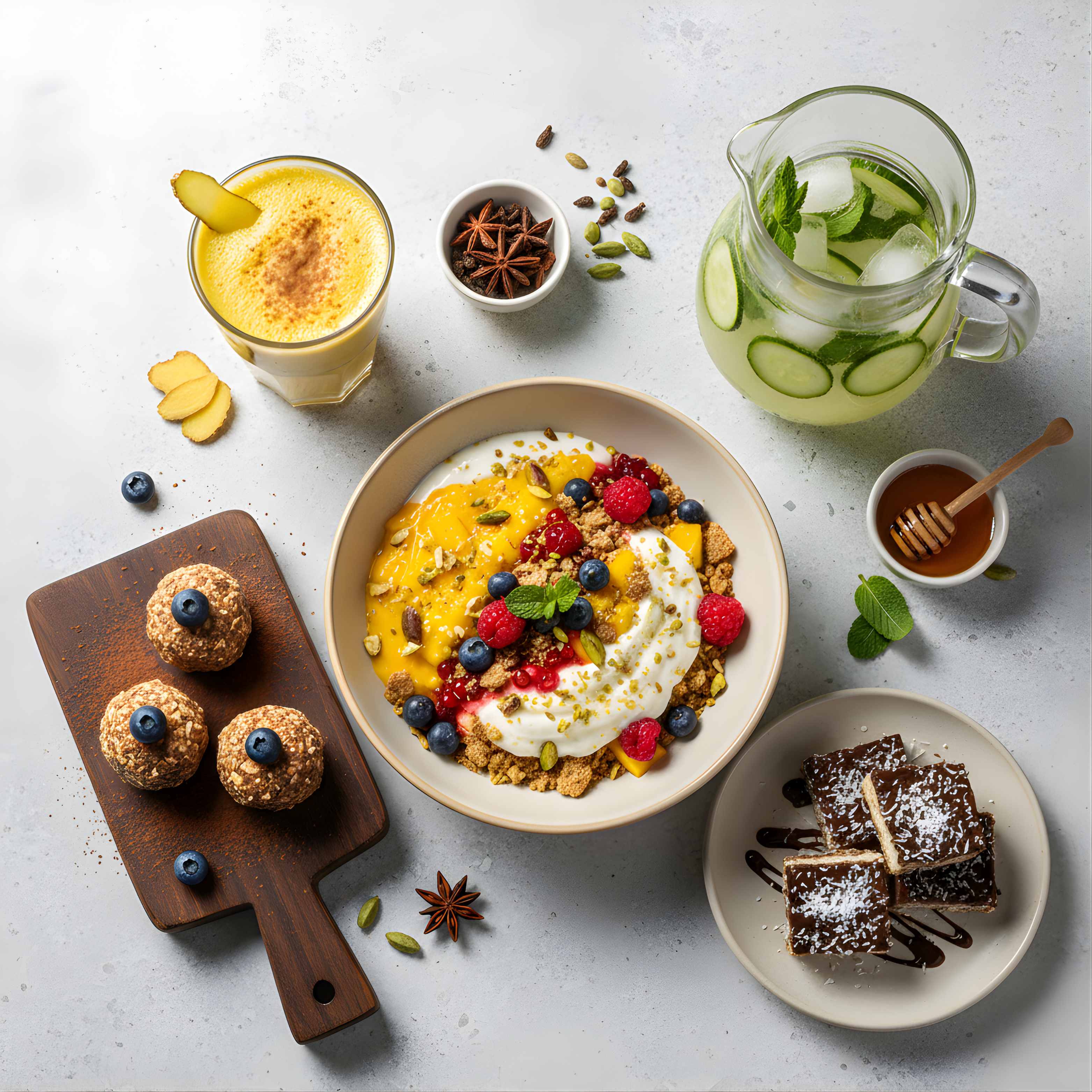 

Assorted breakfast items including a bowl of oatmeal, a glass of smoothie, and pastries on a light surface.